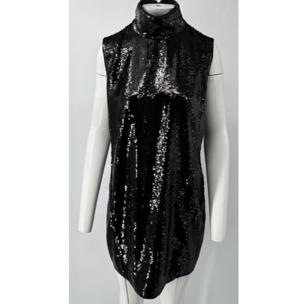 Theory black sequin sleeveless funnel neck knee length shift dress NWT sz 10